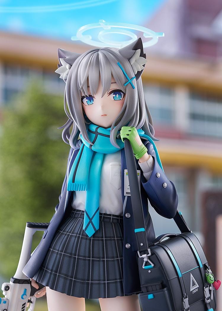 Blue Archive Shiroko 1/7 Scale Figure with silver-gray hair, wolf ears, blue halo, scarf, shoulder bag, and weapon accessory