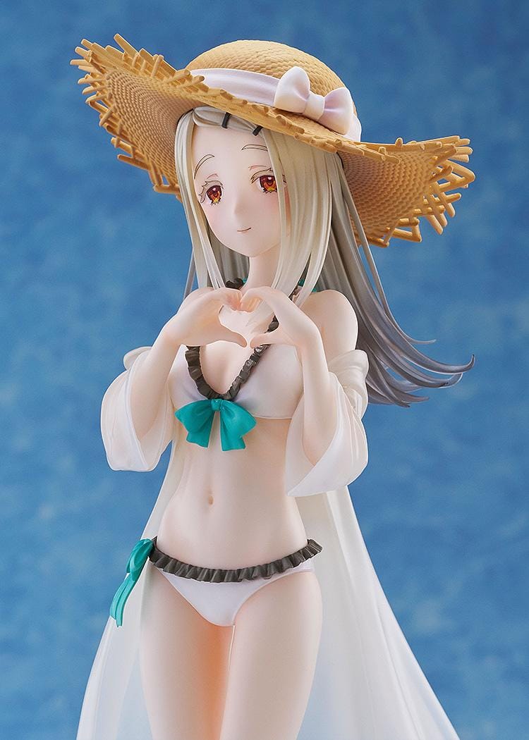 The Idolmaster Gakuen Hiro Shinosawa Swimsuit Ver 1/7 scale figure with straw hat, white swimsuit, and translucent beach cover-up on sand-style base