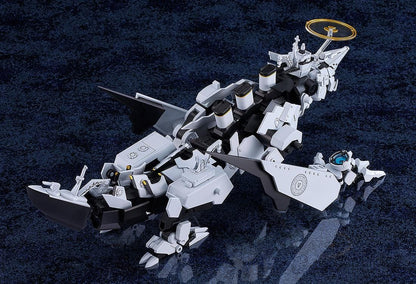 Blue Archive MODEROID Daath Model Kit featuring a white and black armored mecha design with gold effect parts and detailed mechanical styling