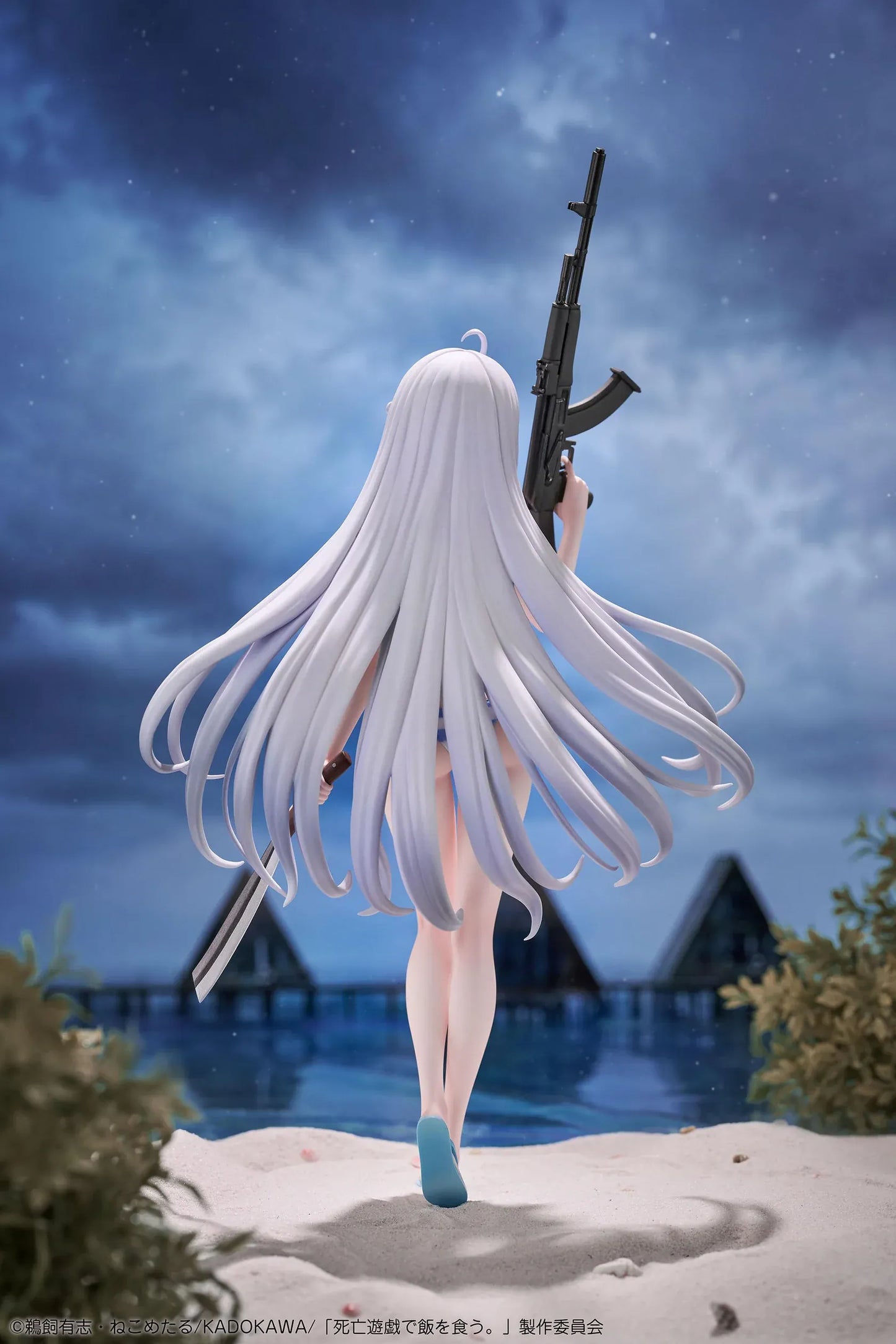 Playing Death Games to Put Food on the Table Yuki 1/7 Scale Figure with long silver hair, blue-and-white outfit, rifle, blade accessory, and display base