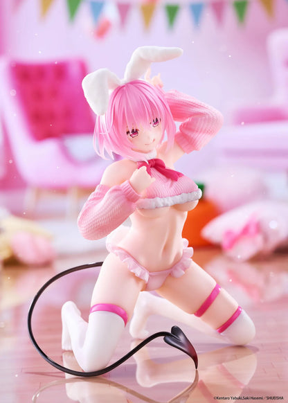 To Love-Ru Darkness MOFLOCK Momo Fluffy Bunny Ver. Figure featuring a pink-haired anime girl with pink eyes, white bunny ears, a pink fluffy bunny outfit, matching sleeves, white thigh-high stockings, and a black devil tail in a playful kneeling pose.