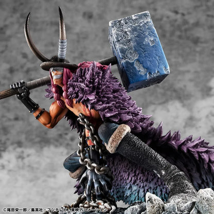 One Piece Portrait of Pirates ELB-Maximum Loki figure crouching with a massive hammer, horned helmet, pink braids, purple cloak, and chains on a rocky base.