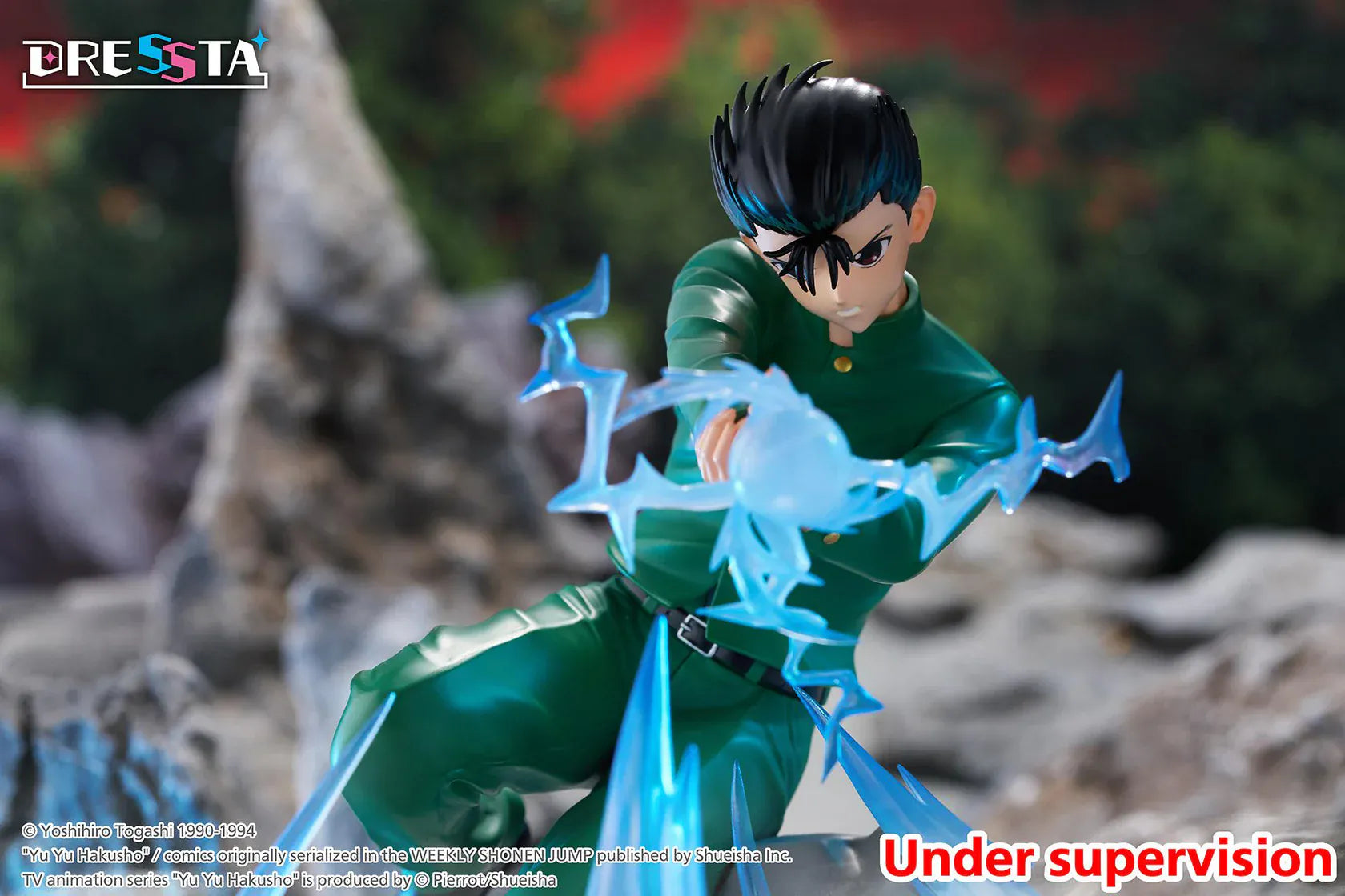 Yu Yu Hakusho Dressta Yusuke Urameshi Figure in green school uniform with blue spirit energy effect and rocky display base