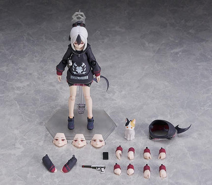 Blue Archive figma Kayoko Onikata Figure with black hoodie, plaid skirt, two-tone hair, halo detail, and tail