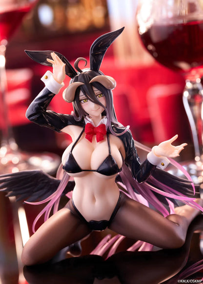 Albedo MOFLOCK Reverse Bunny Suit figure wearing a glossy black outfit with bunny ears, sheer stockings, horns, and black wings.