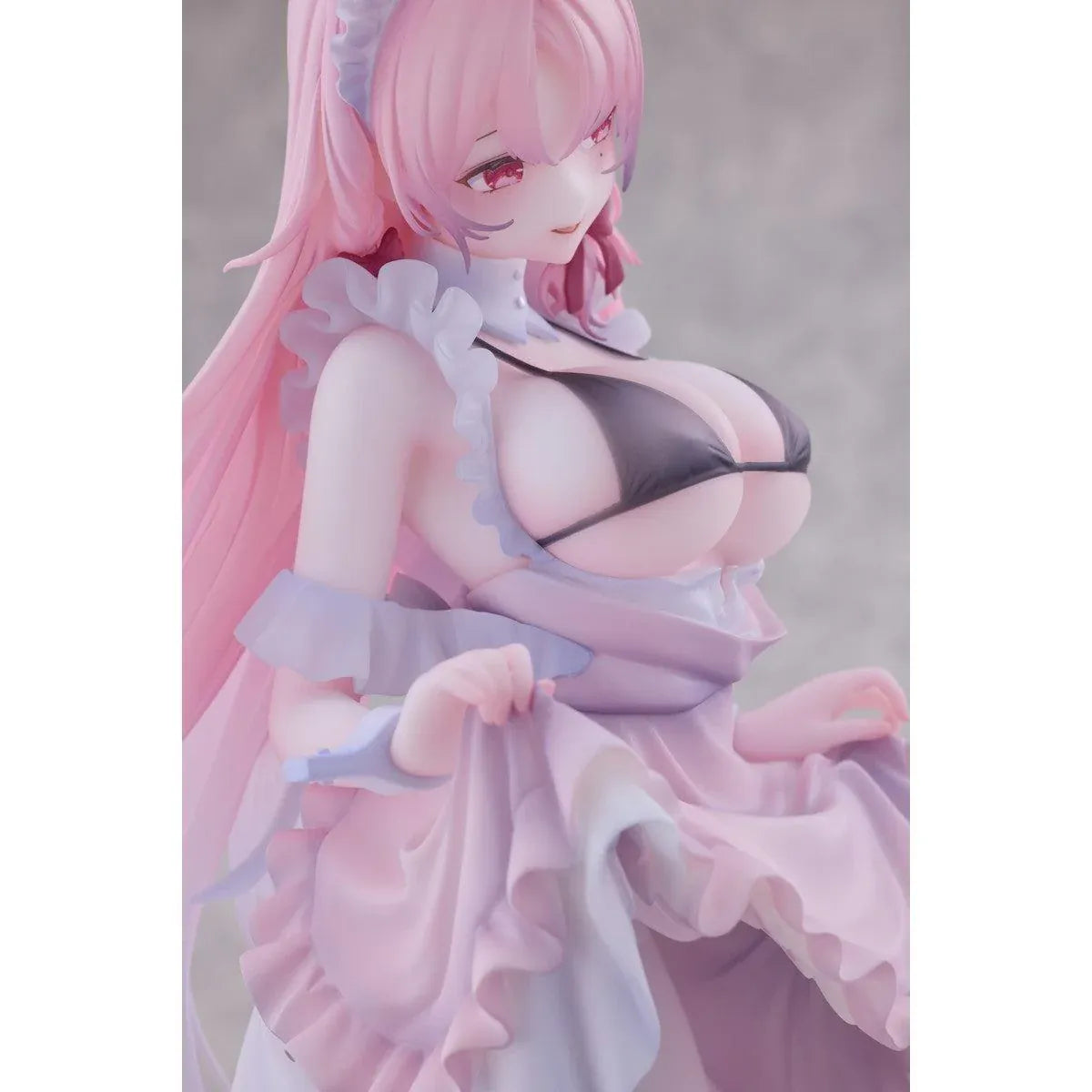 Maid Oneesan Cynthia Different Color Ver. 1/6 Scale Figure illustrated by Yukimiya Yuge, featuring a pink-haired anime girl in a frilly pink and white maid outfit with a black top, white stockings, and high heels.