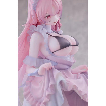 Maid Oneesan Cynthia Different Color Ver. 1/6 Scale Figure illustrated by Yukimiya Yuge, featuring a pink-haired anime girl in a frilly pink and white maid outfit with a black top, white stockings, and high heels.