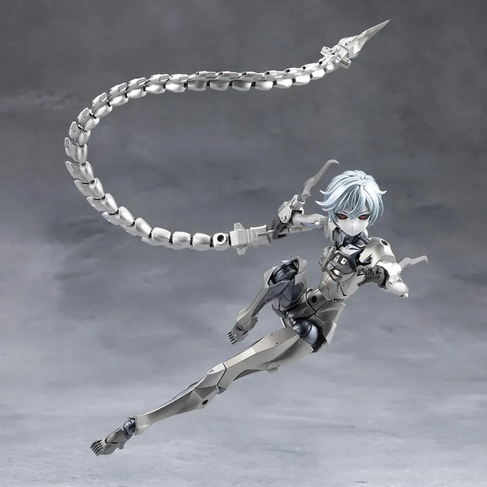 Megalomaria Unlimited Universe Wreckage Hunter model kit with white mechanical armor, a large rifle, weapon tail, and futuristic motorcycle.