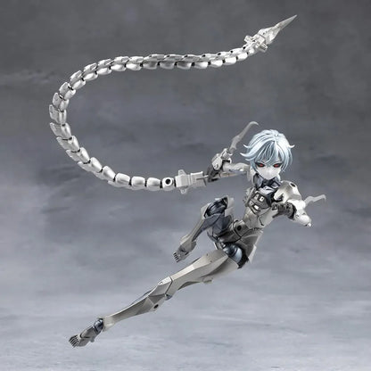 Megalomaria Unlimited Universe Wreckage Hunter model kit with white mechanical armor, a large rifle, weapon tail, and futuristic motorcycle.