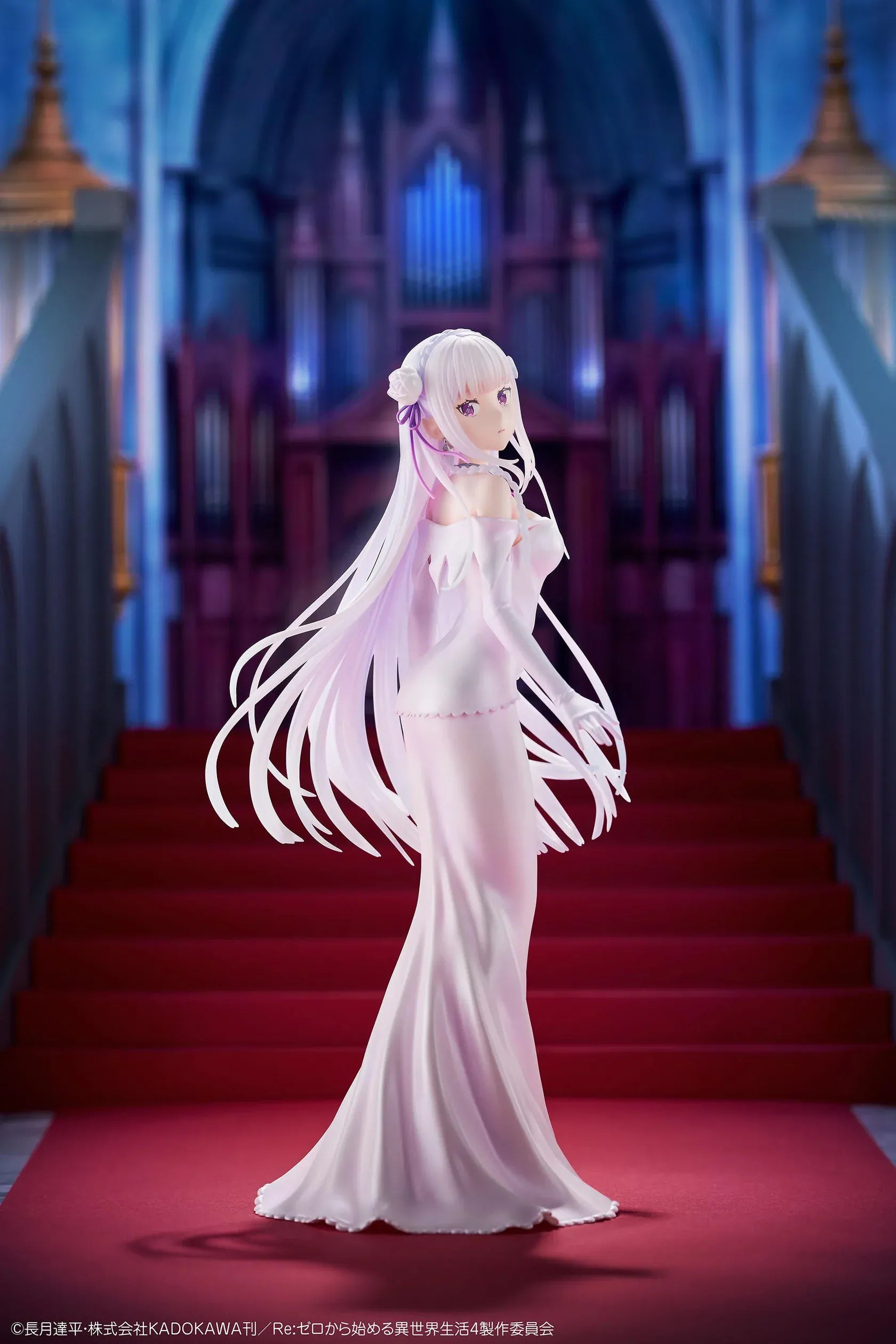 Re Zero Emilia Wedding Dress Ver. 1/7 Scale Figure wearing an elegant flowing white bridal gown with silver hair and floral accessories