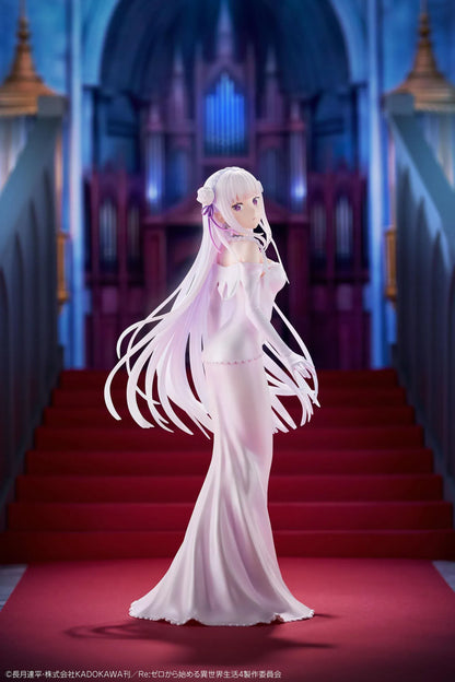 Re Zero Emilia Wedding Dress Ver. 1/7 Scale Figure wearing an elegant flowing white bridal gown with silver hair and floral accessories