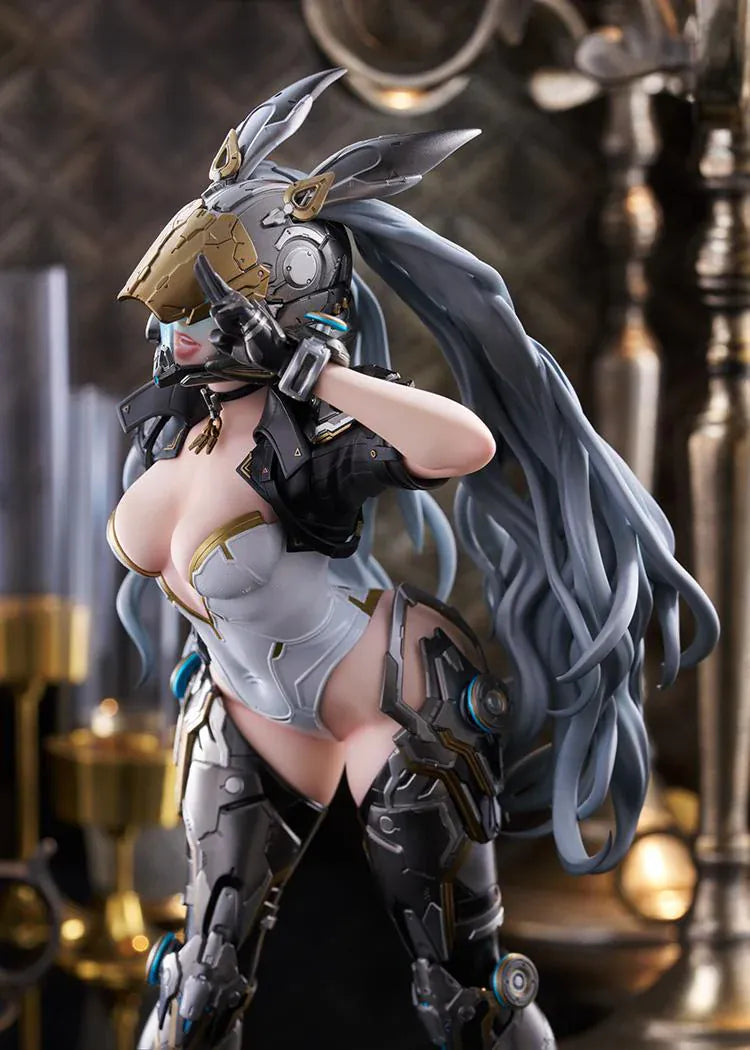 The First Descendant Ultimate Bunny 1/7 Scale Figure with futuristic armor, masked headpiece, long hair, and black silver gold battle suit