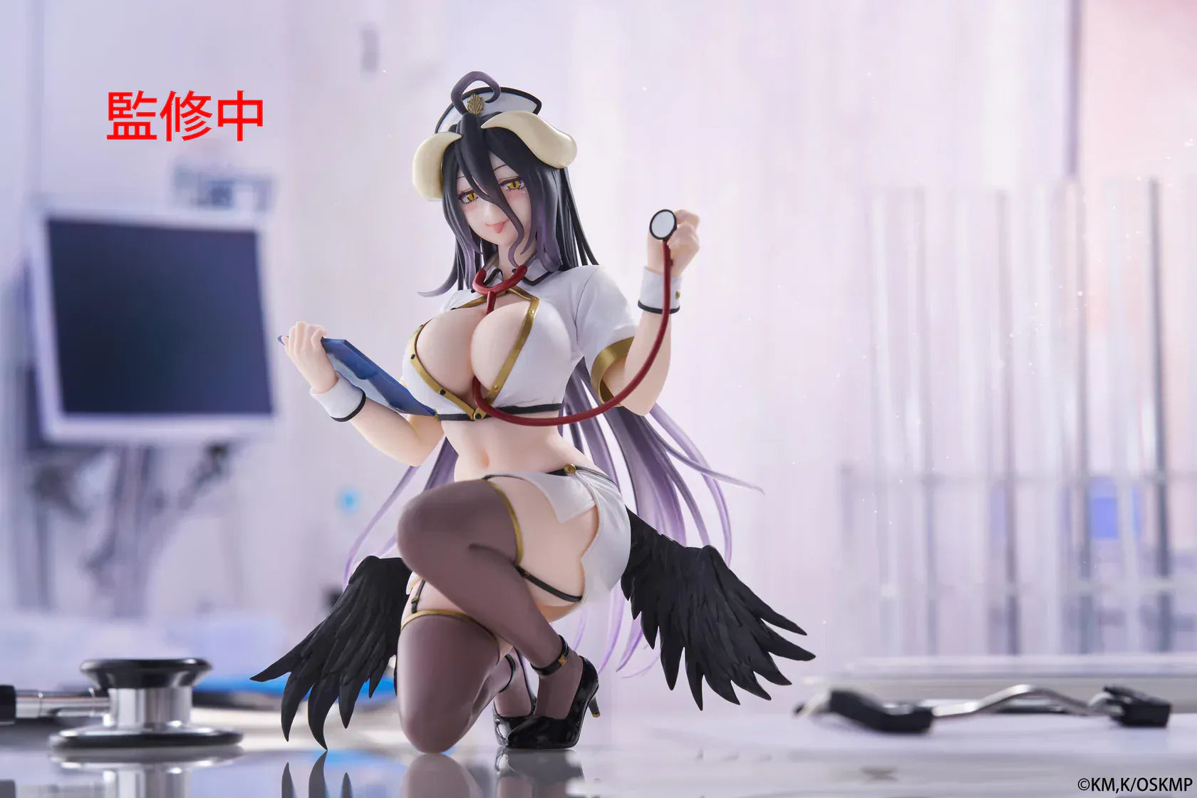 Overlord Desktop Cute Albedo (Nurse Ver.) Figure featuring Albedo in a white nurse outfit with wings, stethoscope, and elegant smile.