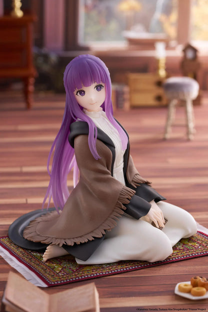 Frieren Beyond Journey's End Desktop Cute Fern Figure with purple hair wearing a shawl and white dress in a seated pose