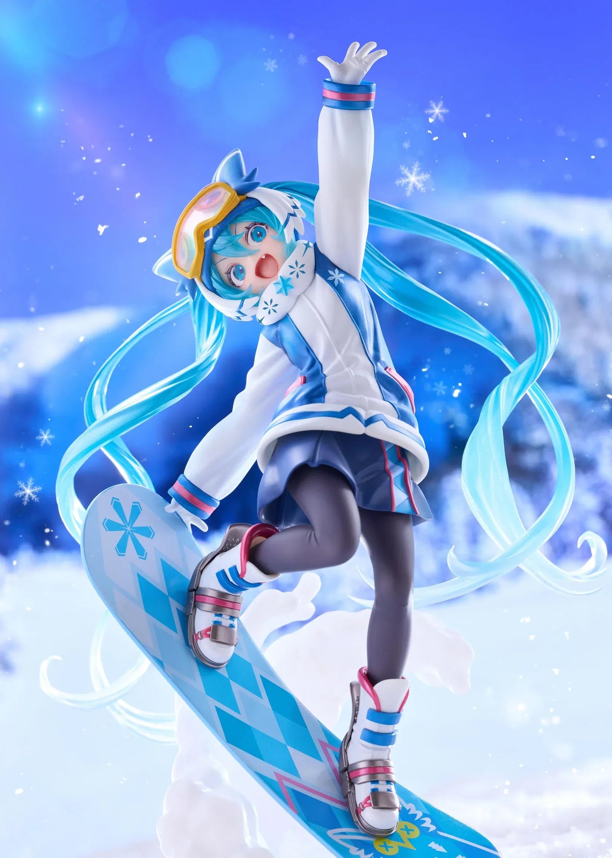 Snow Miku AMP+ All Stars 2016 Ver. figure posing on a blue patterned snowboard with goggles, flowing turquoise twin tails, and a snow effect base.