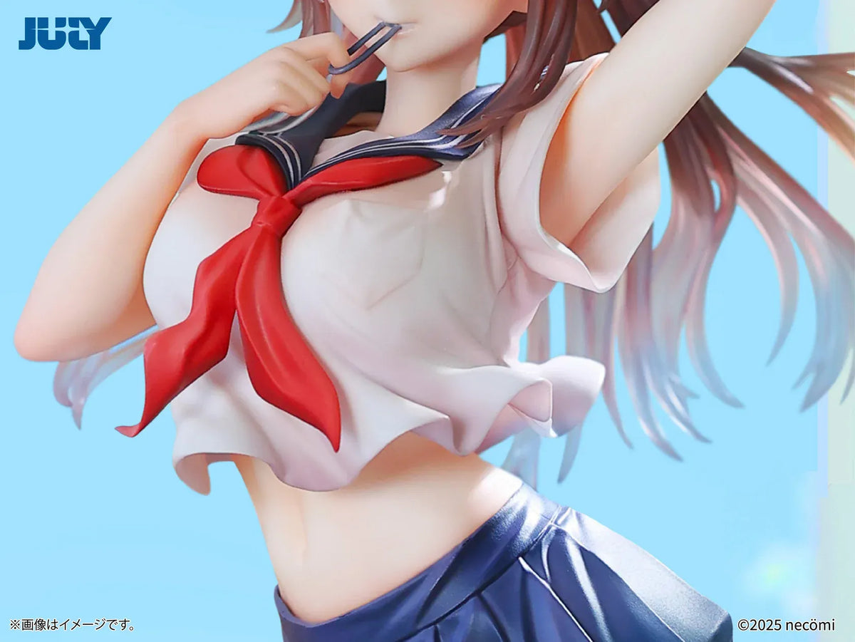 Summer Girl 1/6 Scale Figure featuring a brown-haired anime girl with purple eyes, a white sailor-style top, red necktie, navy-blue pleated skirt, and blue school bag.