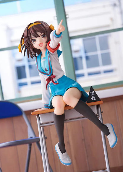 Haruhi Suzumiya 20th Anniversary 1/7 scale figure sitting on desk in school uniform