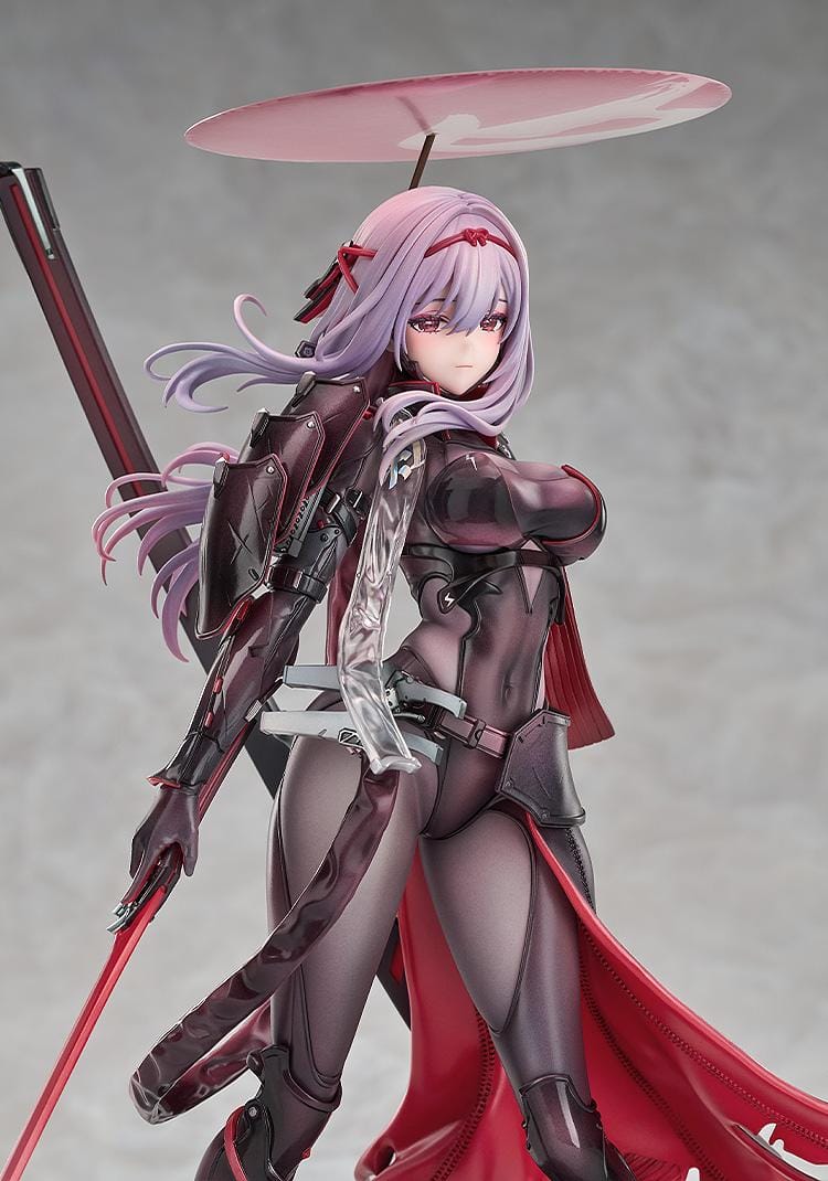 Goddess of Victory: Nikke Scarlet Black Shadow Ver 1/7 scale figure in black and red combat suit holding long blade on rocky base