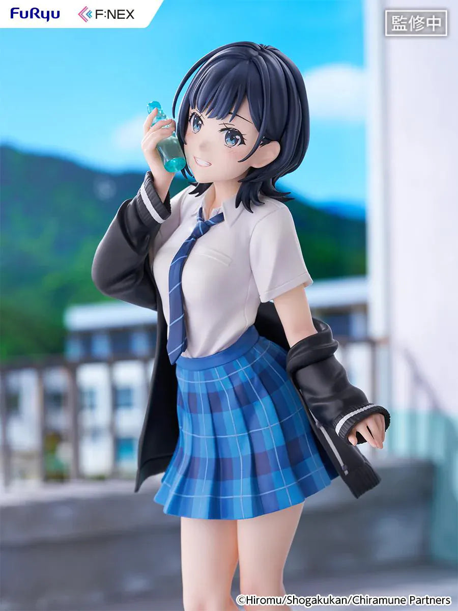 Chitose Is in the Ramune Bottle Yuzuki Nanase 1/7 Scale Figure with short dark hair, blue plaid skirt, school uniform outfit, drink bottle accessory, and display base