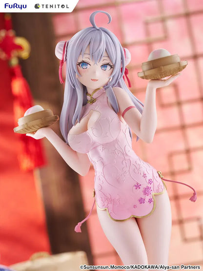 Alya Sometimes Hides Her Feelings in Russian TENITOL TALL Alya Cheongsam ver. Figure featuring Alya with long silver hair, pink cheongsam outfit, steamed bun accessories, and pink shoes.