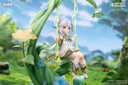 Genshin Impact Nahida Physic of Purity Ver. 1/7 scale figure seated on a green swing surrounded by vines, leaves, and colorful flowers.