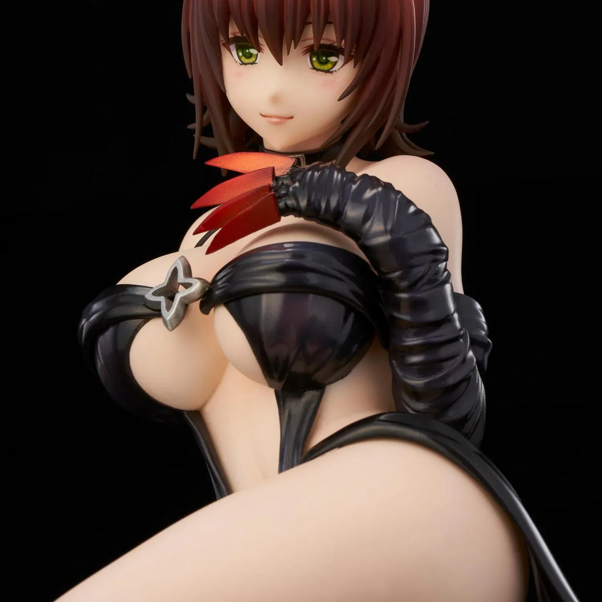 To Love-Ru Darkness Ryoko Mikado Darkness Ver. Figure (Rerelease) featuring a short reddish-brown-haired anime woman with green eyes, black horns, a revealing black outfit, long gloves, and red claw-like accents in a seated pose.