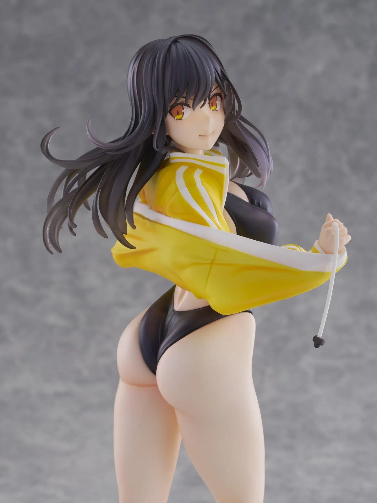 KoiKoi Sakura Kyou kara Suieibu Komon no Tama-chan Sensei 1/6 Scale Figure featuring a dark-haired anime woman with golden eyes wearing a black swimsuit, yellow athletic jacket, and white cap with a yellow brim, posing barefoot on a transparent circular base.