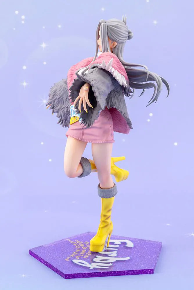Furby Bishoujo Figure with fashionable character in sunglasses, fuzzy jacket, yellow boots, Furby companion, and glittery display base