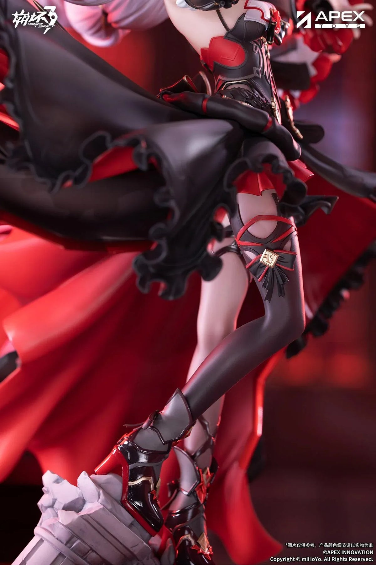 Honkai Impact 3rd Lunar Vow Crimson Love 1/7 scale figure with pale lavender hair, a black-and-red outfit, a small bat, and broken stonework.