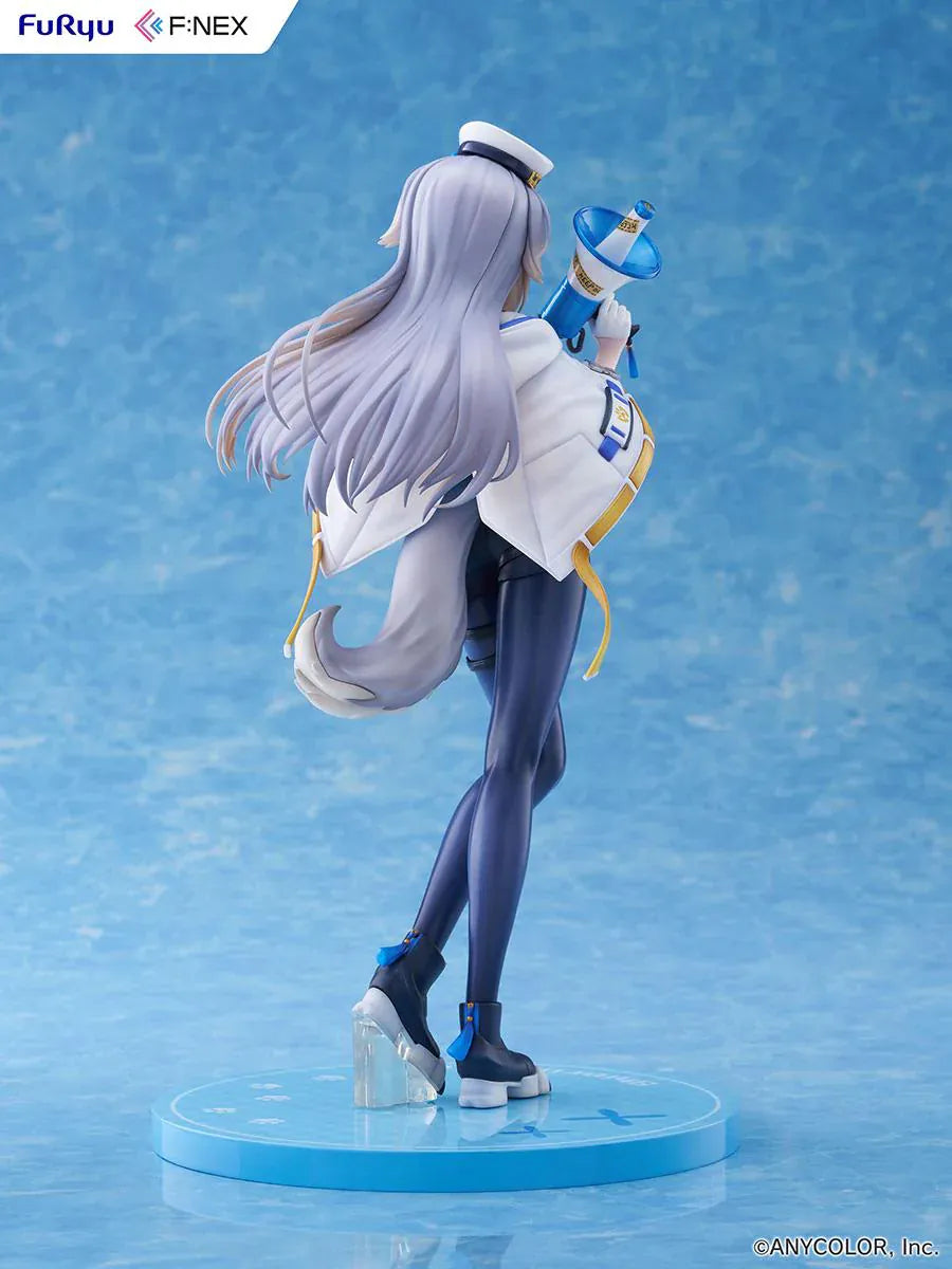 Nijisanji Ruri Shioriha 1/7 scale figure featuring megaphone accessory, silver hair, and detailed blue-and-white outfit