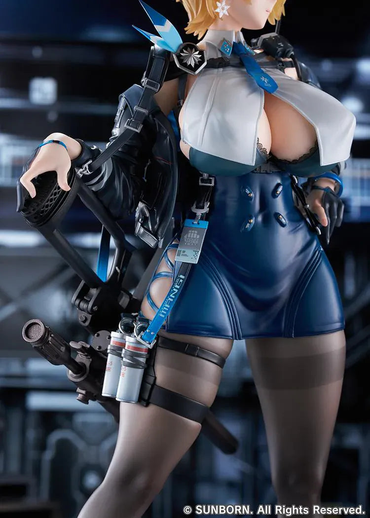 Girls' Frontline 2 Exilium Nikketa 1/6 Scale Figure with blonde hair, blue tactical outfit, weapon accessory styling, stockings, and display base