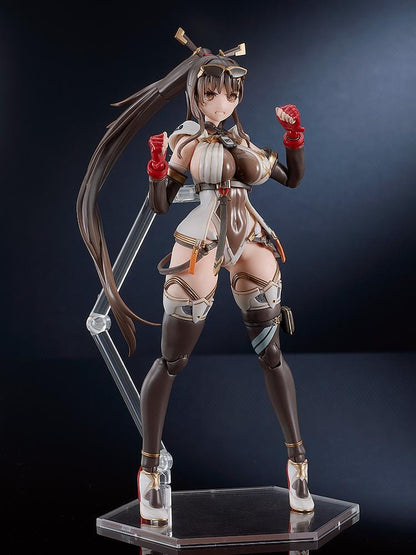 PLAMATEA MX-chan Model Kit featuring MX-chan in a black, white, and brown tactical outfit with red gloves and a large weapon case