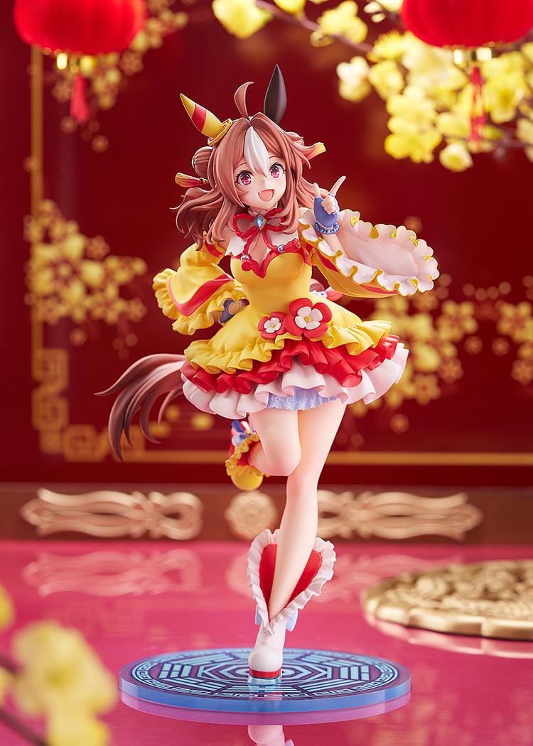 Umamusume Pretty Derby Copano Rickey Signature Racewear Ver. 1/7 Scale Figure featuring Copano Rickey in a yellow and red racewear outfit with horse ears, tail, and themed display base.