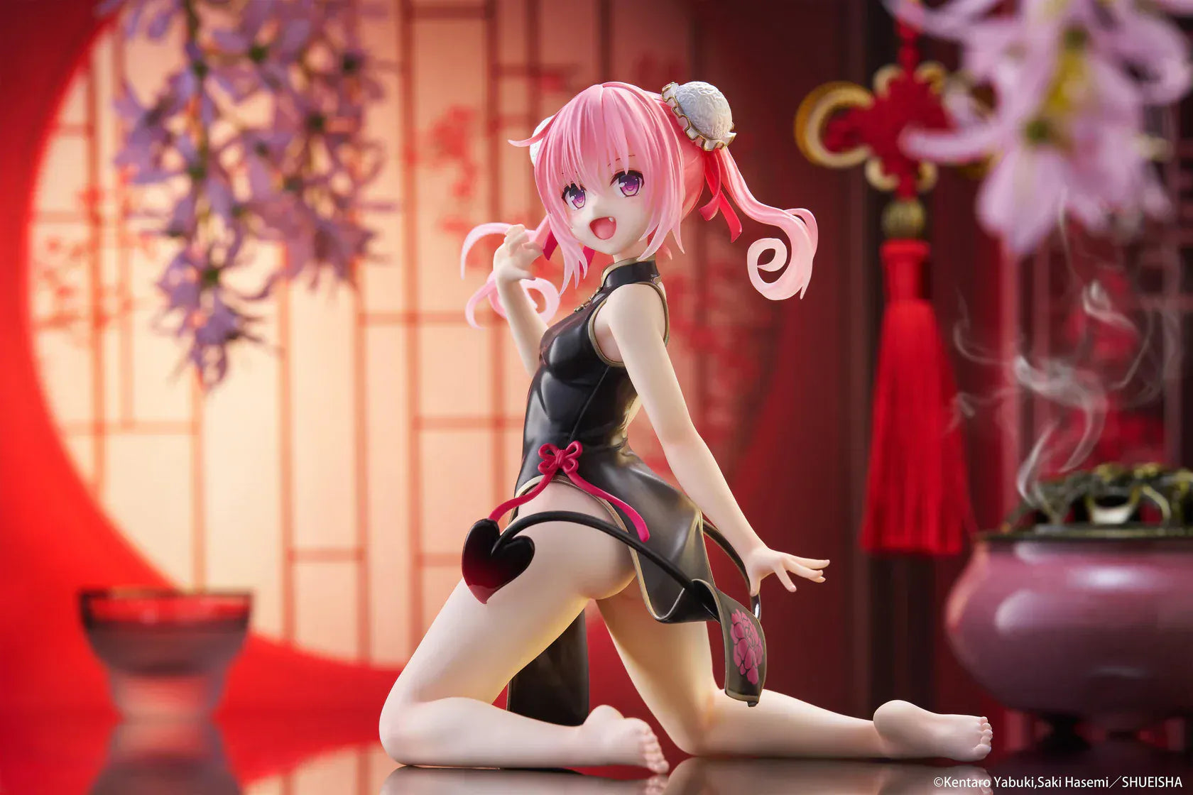 To Love-Ru Darkness Desktop Cute Nana (Chinese Dress Ver.) Figure featuring Nana Astar Deviluke in a black and red cheongsam with twin tails and heart-shaped tail design.