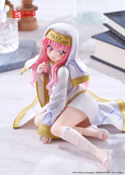The Familiar of Zero Desktop Cute Louise Miko Outfit Ver. figure seated in a white-and-gold ceremonial outfit with long pink hair.