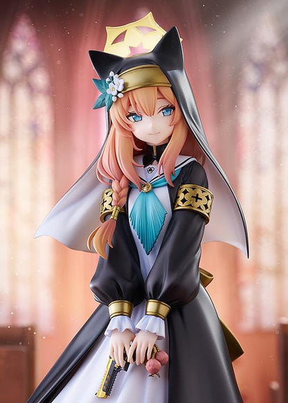 Blue Archive Mari 1/7 scale figure rerelease wearing a black-and-white nun-inspired dress with gold accents and peach-colored hair