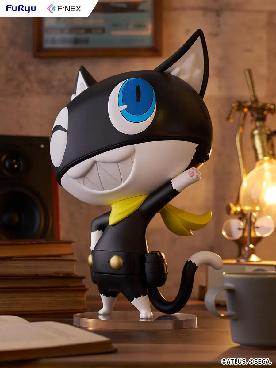Persona 5 Royal F:Nex Morgana Big Soft Vinyl Figure with black cat design, blue eyes, yellow scarf, and waving pose