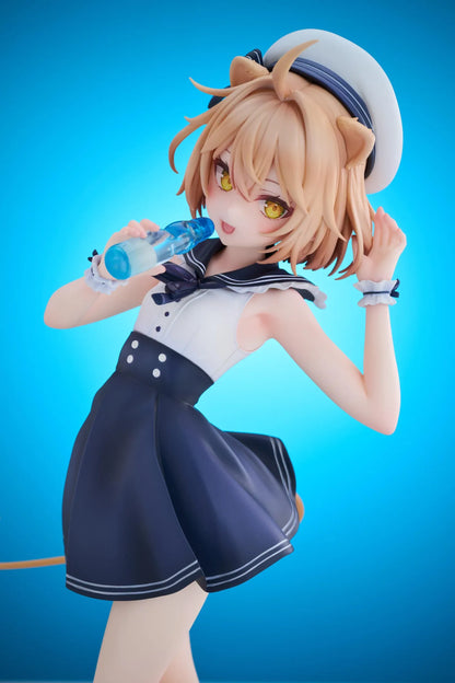 Rurudo Lion Marine Sailor Ver. figure in a navy and white sailor dress and hat, holding a blue bottle beside a chibi lion companion.