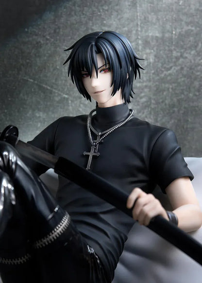 Shiki 1/7 scale figure from Togainu no Chi sitting with sword wearing black outfit on cushion base