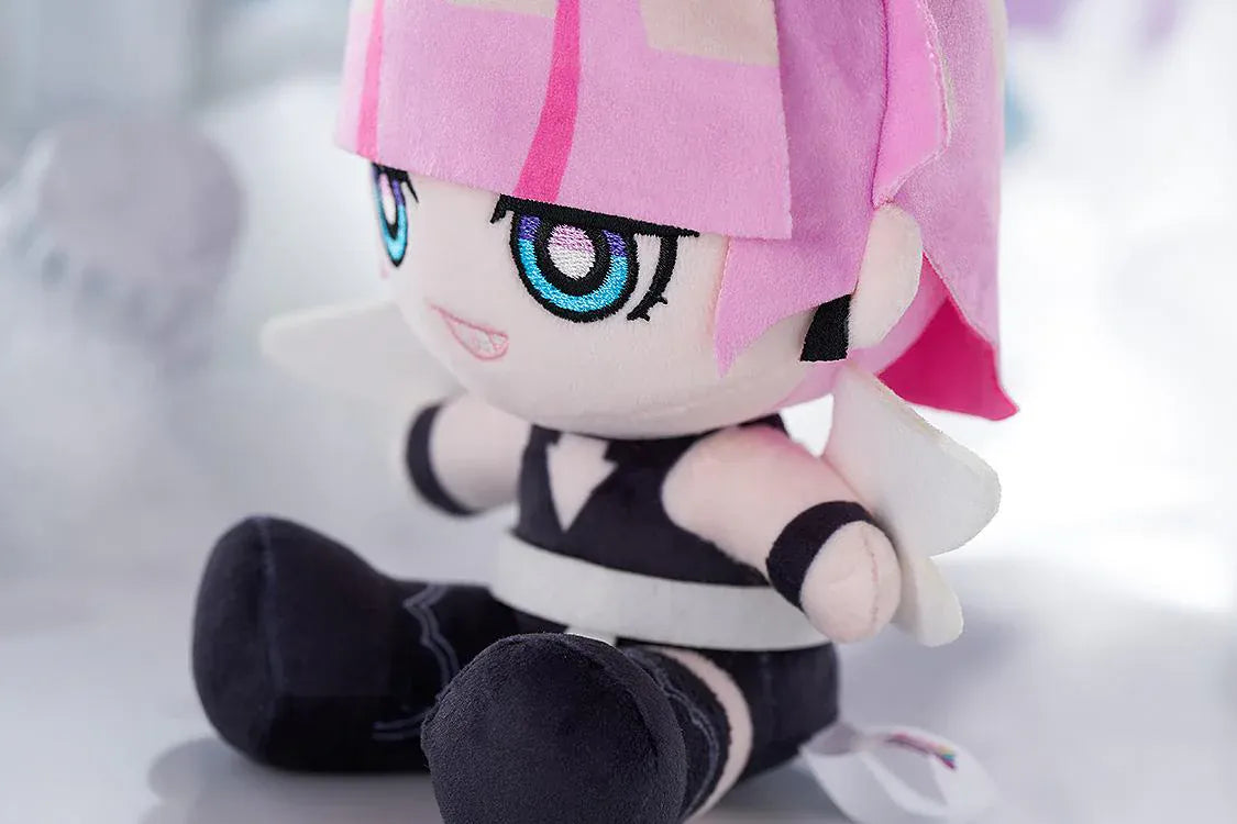New PANTY & STOCKING with GARTERBELT Polyurethane Punipuni Plushie with pink hair, blue eyes, black outfit, wing details, and seated chibi plush design
