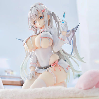 Succubus Nurse Makina figure kneeling in a white and pink nurse outfit with silver hair, batlike wings, a demon tail, and a translucent syringe.