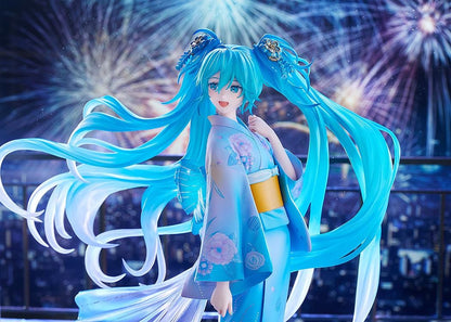Vocaloid Hatsune Miku Music and Fire Works Ver 1/7 Scale Figure wearing a blue yukata with flowing turquoise twin tails and fireworks display base