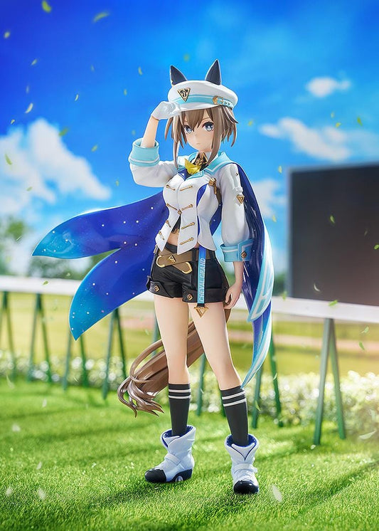 Umamusume Pretty Derby Cheval Grand 1/7 Scale Figure Rerelease featuring Cheval Grand with horse ears, blue-and-white race outfit, starry blue cape, cap, and sporty boots.