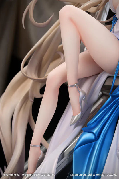 Azur Lane Formidable Anniversary Memories Ver. 1/7 Scale Figure featuring Formidable with long blonde hair, blue-and-white outfit, elegant seated pose, and mirror-style display base.