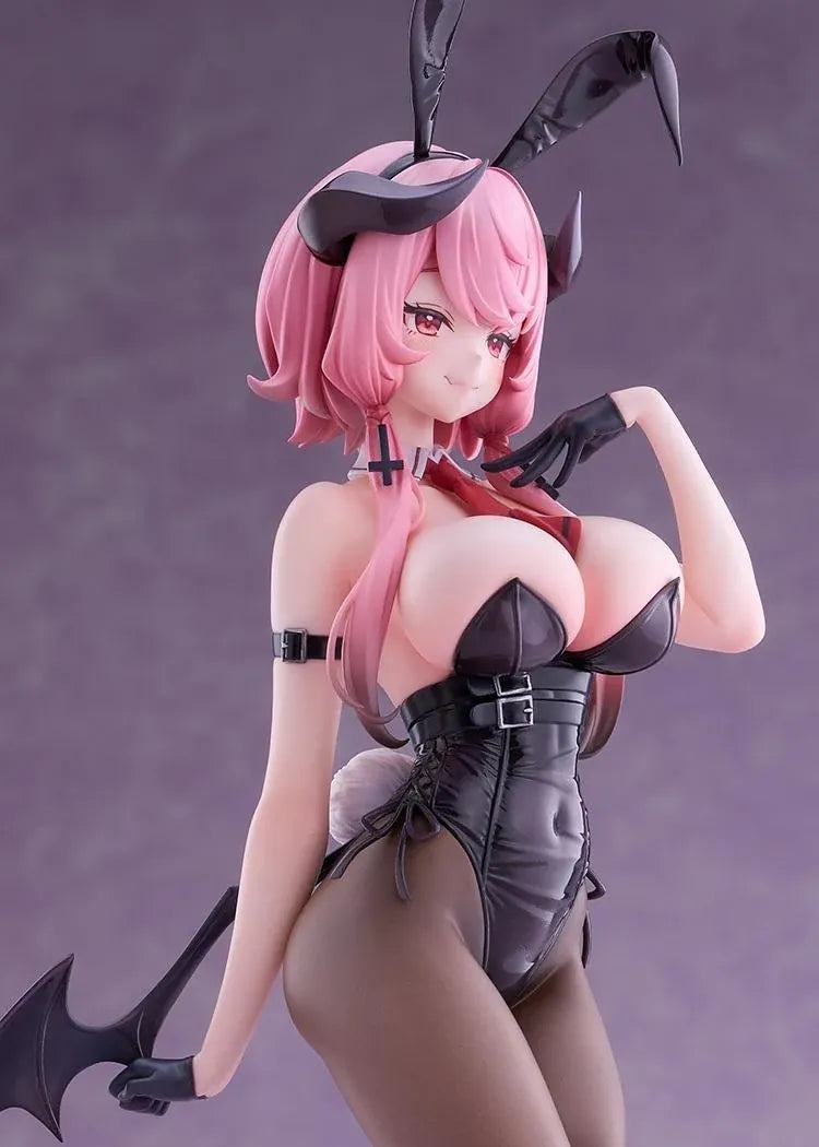 Stella Sora Bernina Bunny Ver. 1/7 Scale Figure featuring a pink-haired anime girl with reddish-pink eyes wearing a black corset-style bunny outfit, tall bunny ears, sheer tights, red heels, and bat-like wings on a purple display base.