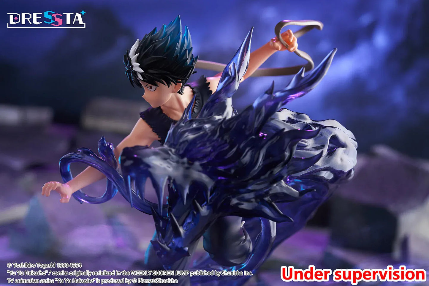 Yu Yu Hakusho Dressta Hiei Figure with black outfit, spiked hair, battle pose, and dark dragon energy effect