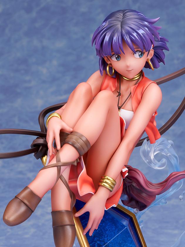 Nadia 1/7 scale figure in a red outfit with purple hair, a white lion companion, flowing ribbons, and swirling blue water effects.