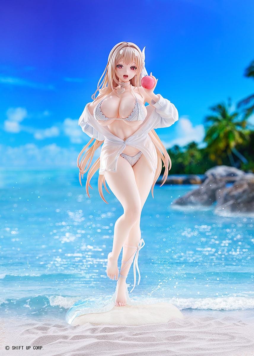 GODDESS OF VICTORY NIKKE Viper Shine of Love 1/7 Scale Figure with long hair, white beachwear-inspired outfit, apple accessory, and beach display base