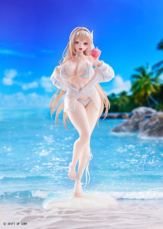 GODDESS OF VICTORY NIKKE Viper Shine of Love 1/7 Scale Figure with long hair, white beachwear-inspired outfit, apple accessory, and beach display base