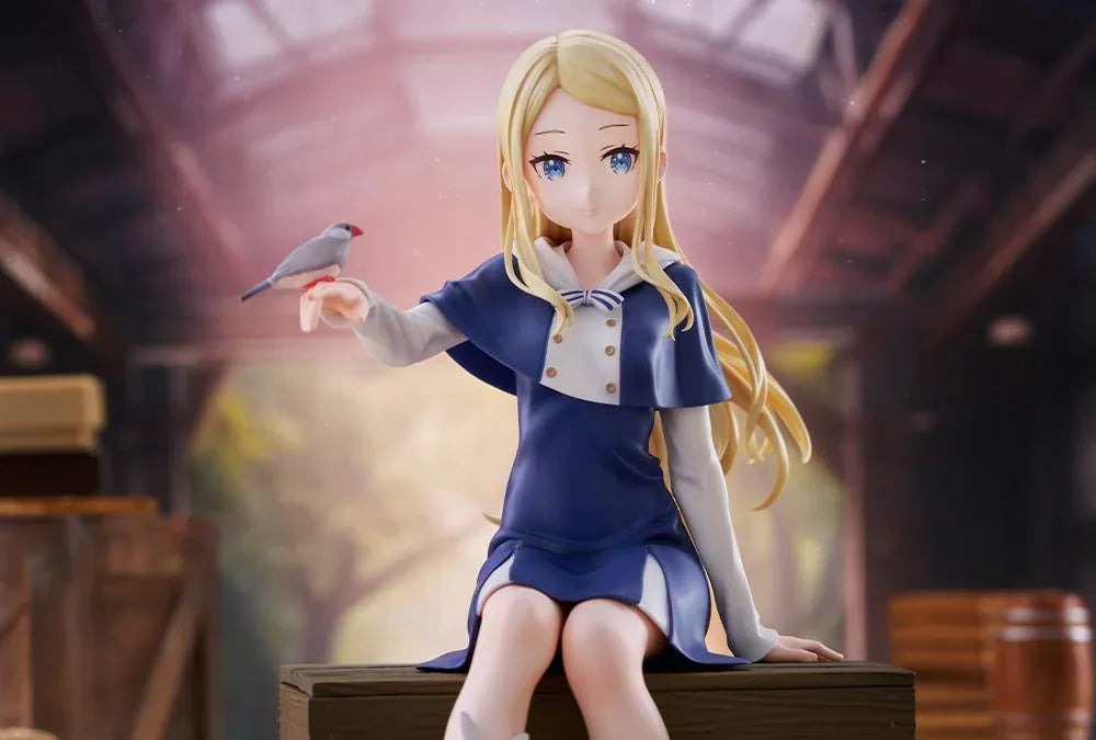 Sasaki and Peeps Elsa 1/7 Scale Figure featuring a blonde-haired anime girl with blue eyes wearing a navy-blue and white outfit, sitting on a wooden crate with a small bird perched on her hand.